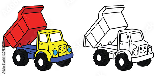 Cute Cartoon Dump Truck Vector Illustration with Color and Line Art Versions