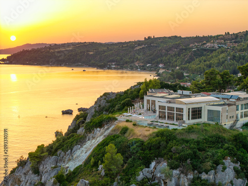 Aerial View of Thermal Spa Agia Paraskevi at Sunset in Chalkidiki, Greece.