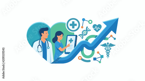 Healthcare professionals and medical icons with upward trending arrow