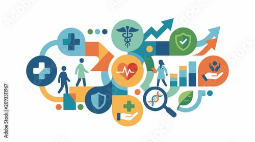 Colorful icons symbolize health care and advancement in healthcare