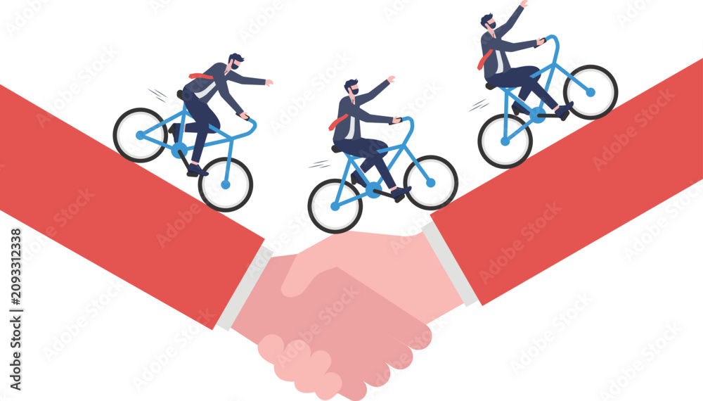 Fototapeta premium Business people on bicycles riding towards a handshake