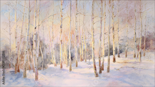 Watercolor Winter Forest with Tall Birch Trees at Sunset