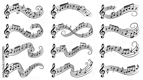 Musical Notes and Symbols: A collection of elegant, flowing musical notes and clefs arranged in various artistic scrolls and curves, symbolizing melody, rhythm, and harmony.