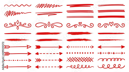 Red Graphic Elements: A collection of hand-drawn red graphic design elements, including squiggly lines, arrows, dividers, and decorative borders.