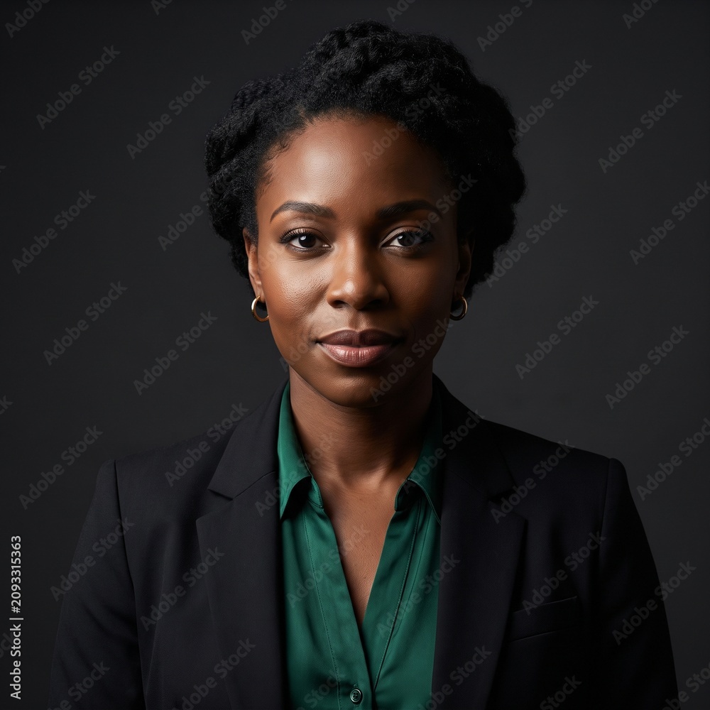 Obraz premium Dramatic professional studio portrait of confident Black businesswoman on dark background split lighting