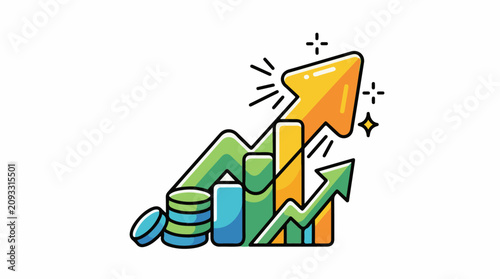 Upward trending financial graph with stacked coins