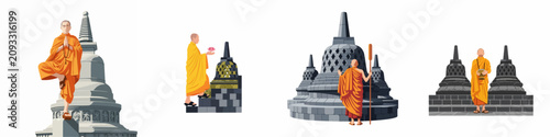 Photography Flat vector illustrations of Buddhist monks in saffron robes practicing mindfulness, prayer, and rituals at ancient Borobudur temple stupas on white background