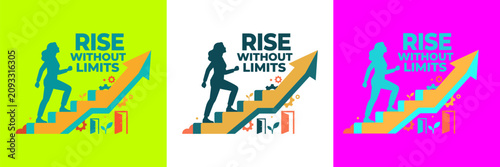 Fotografie Womens equality day banner set, woman climbing stairs arrow rise without limits