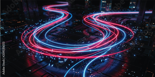 Canvas Print Futuristic digital data flow with glowing red and blue light curves high speed t