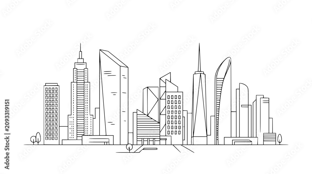 Fototapeta premium Minimalist city skyline illustration in line art style