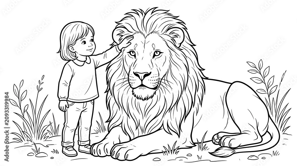 Obraz premium Simple line art drawing of a small kid and a peaceful lion sitting together
