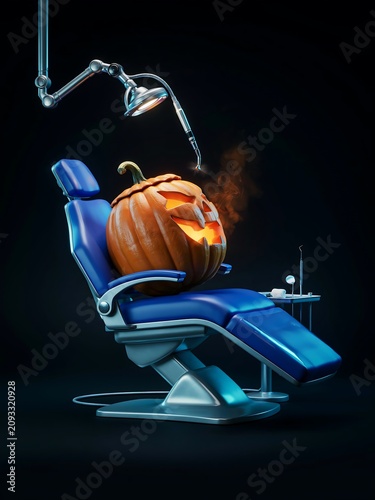 A jackolantern sits in a blue dentist chair under a lamp