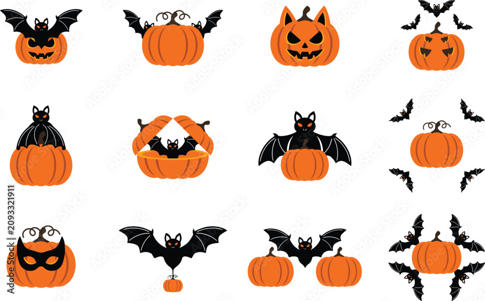 Fototapeta premium Halloween pumpkins and bats collection, various jack-o-lantern