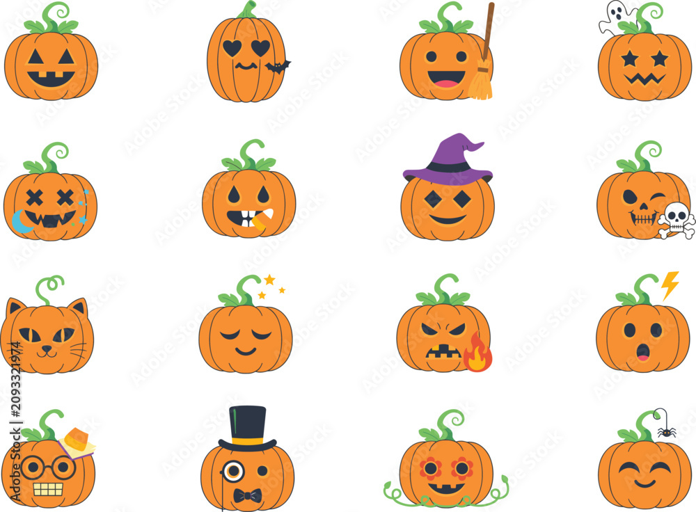 Fototapeta premium Collection of 16 halloween pumpkins with various expressions