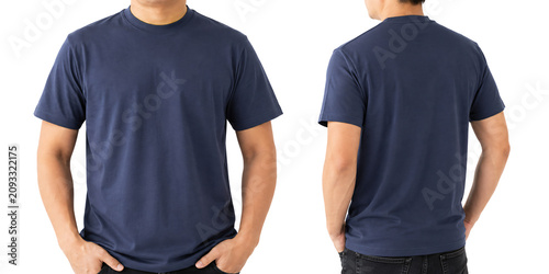 Obraz na płótnie Blank navy blue t-shirt mockup on transparent background, isolated front and back view on male model, dark blue crewneck tee shirt template for clothing apparel design