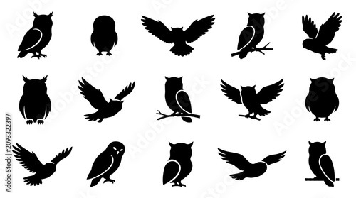 Collection of black owl silhouettes in various poses