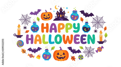 Happy halloween colorful text and icons