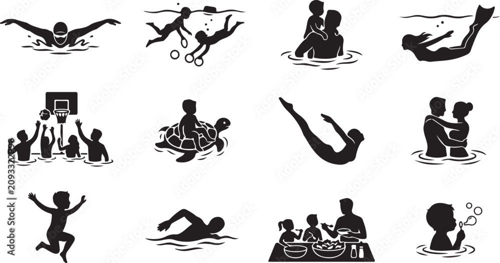 Obraz premium Collection of black silhouette depicting various summer pool activities, swimming, diving, and family leisure time in the water