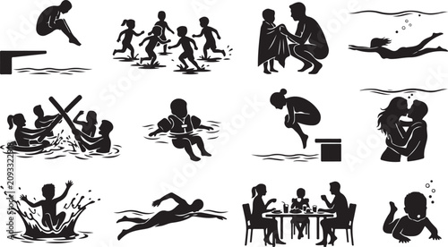 Konstfotografi Assorted black silhouette showing swimming pool activities, water sports, family