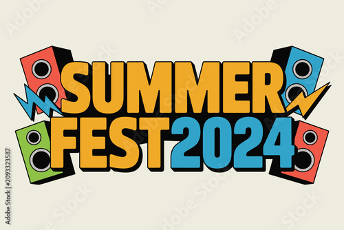 Summer fest 2024 text design with colorful speakers and lightning bolts, music festival typography