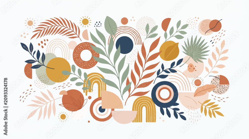 Naklejka premium Colorful botanical pattern with stylized leaves and fruit in soft pastel tones.