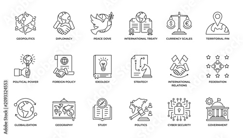 Quadro em tela Geopolitics and International Relations Line Art Outline Icon Set Vector Illustr