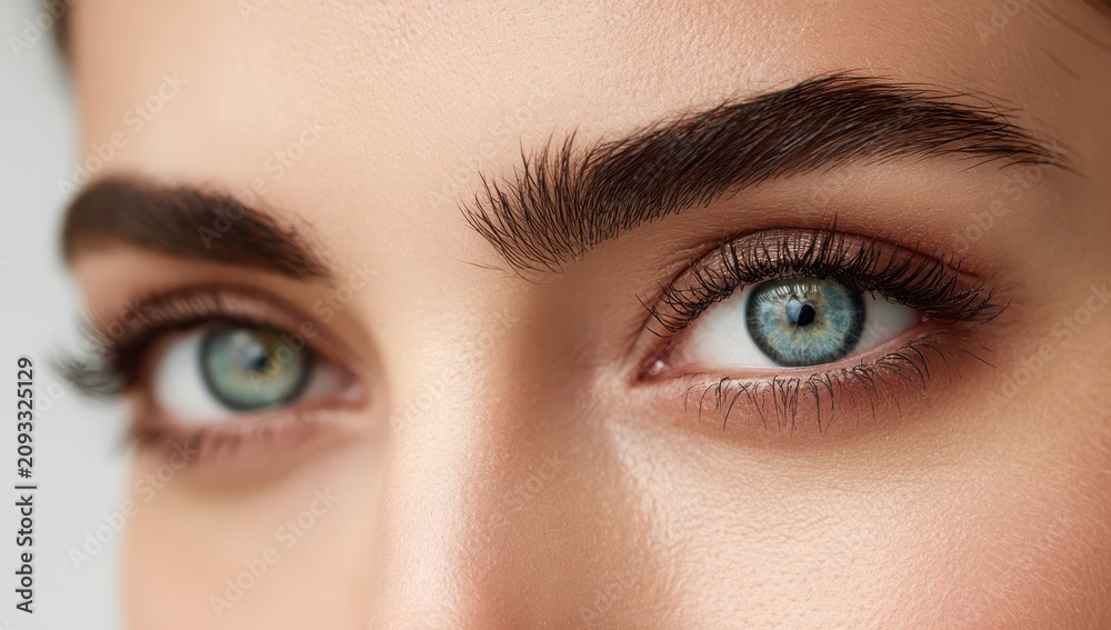 Naklejka premium Close-up portrait of female eyes with natural makeup and groomed eyebrows expression detailed cosmetic eyelashes feminine portrait complexion aesthetic attractive wellness