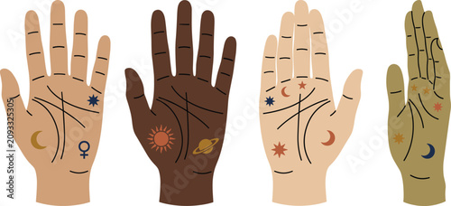 Schilderij op canvas Palmistry Hand Vector Collection with Palm Reading Lines Astrology Symbols Moon