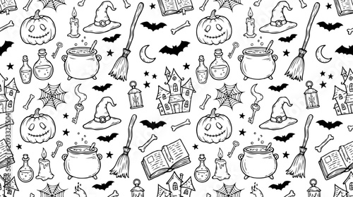 Happy halloween pattern with pumpkins and witch elements