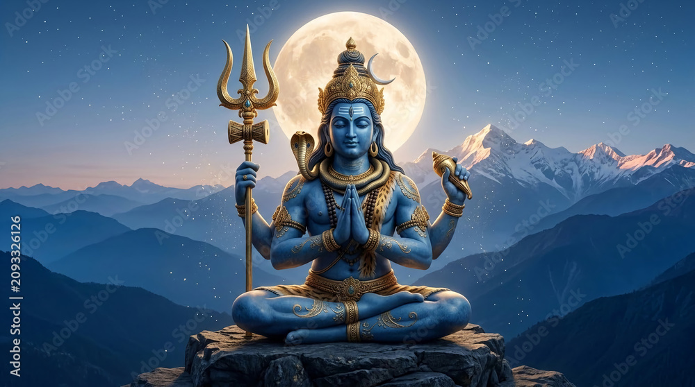 Fototapeta premium Blue deity in meditative pose with cosmic backdrop, symbolizing spiritual power and celestial presence, ideal for religious or mystical themes