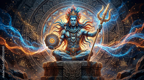 Blue deity meditating on stone pedestal, holding trident and wheel, surrounded by glowing patterns and cosmic energy, symbolizing spirituality and power.