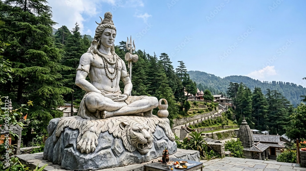 Fototapeta premium White marble statue of a meditating deity on a tiger, set against a lush green mountain landscape, symbolizing peace, spirituality, and nature's grandeur