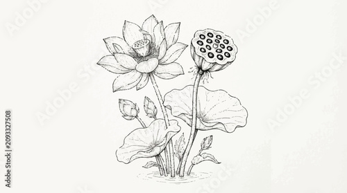 Delicate pencil botanical illustration of a lotus flower with its seedpod, leaves and stem in line drawing.