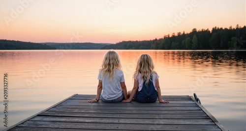 Two young blonde girls on the edge of a dock pier on a lake during calm tranquil sunset
