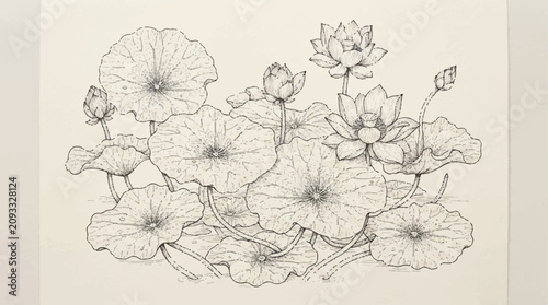 Monochrome botanical illustration of blooming flowers with leaves and stems.
