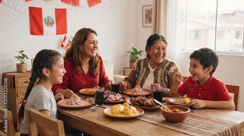 Family gathering around dinner table enjoying traditional Peruvian meal  