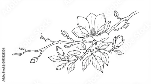 Delicate botanical line drawing of blooming branch with flowers and leaves.