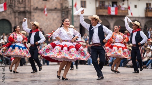 Traditional dancers celebrating Fiestas Patrias Peru in colorful costumes  