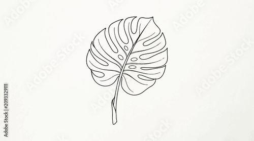 Minimalist Monstera Leaf Lineart Illustration on White Background.