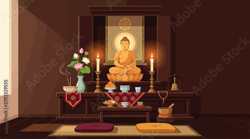 Foto Buddhist Altar with Golden Buddha Statue, Incense, Candles, and Offerings in Ser
