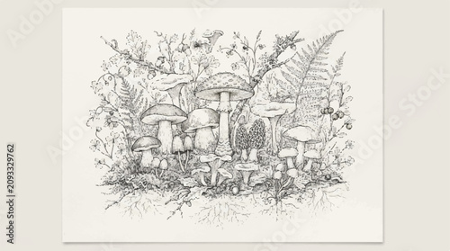 Intricate garden fountain scene with lush trees, statues, and architectural details in a decorative landscape drawing.