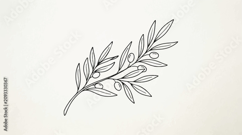Delicate ink sketch of a leafy olive branch on white background with minimalist linework.