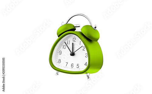 Stylish Green analog table clock with a unique geometric shape and chrome details. High-quality 3D render for interior design projects, morning routine blogs, and home decor catalogs.