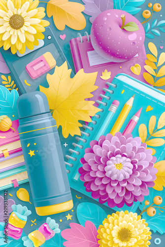 Colorful school supplies and fall items on a desk for students in a creative environment during autumn days