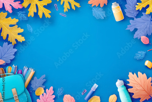 Colorful leaves and school supplies arranged on a blue surface ready for a creative project