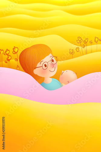 Mother holds baby in colorful fields during warm afternoon