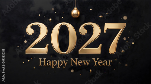 Happy New Year 2027 background with elegant 3D golden numbers and hanging Christmas bauble
