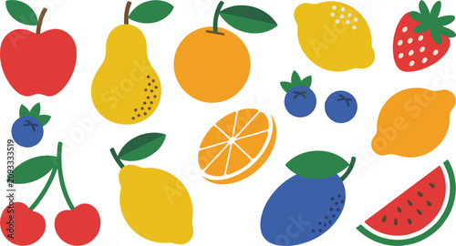 Fotografía Fresh fruit vector element set with flat cute apple orange lemon strawberry cher