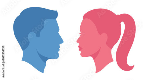 Stylized blue male and pink female head profiles facing each other, symbolizing gender identity, human connection, and diversity in modern society