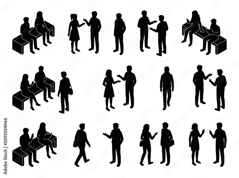 Obraz premium Isometric black silhouettes illustrating various people communication and interaction scenarios, featuring groups engaged in discussions, meetings, and casual conversations